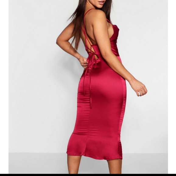 Boohoo Satin Cowl Neck Fishtail Midi Dress - Picture 5 of 5